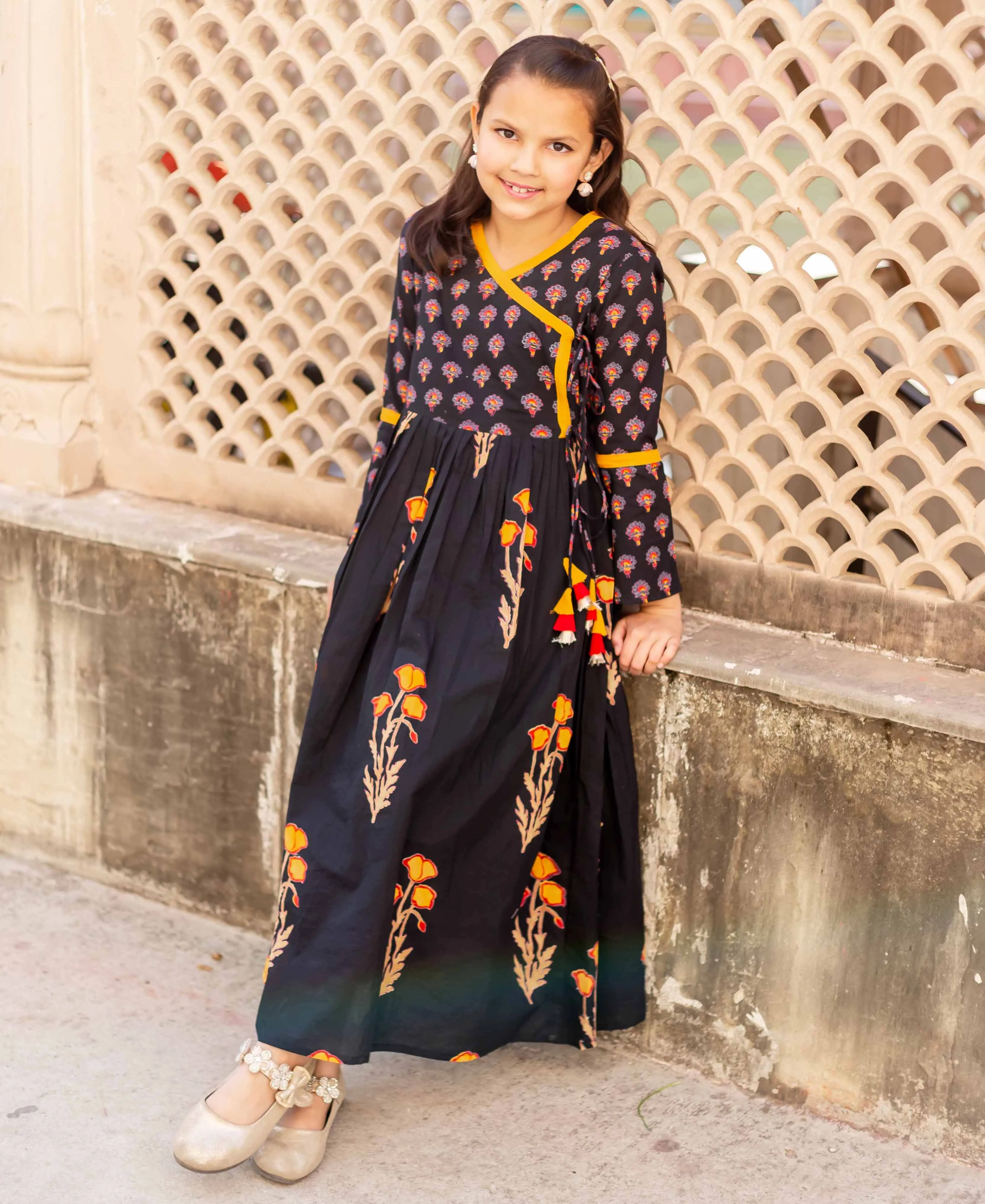 Black and Yellow Block Printed Angrakha Dress for Baby Girl