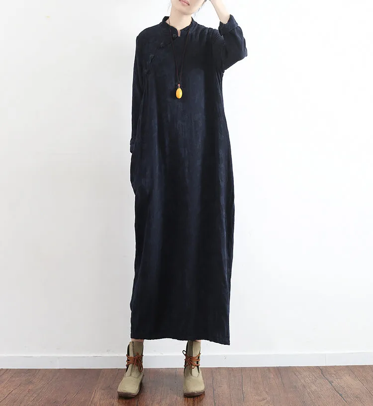 Black Casual Linen Cotton Women Loose Dresses Summer Long Women Dresses With Long Sleeves  AMT96231