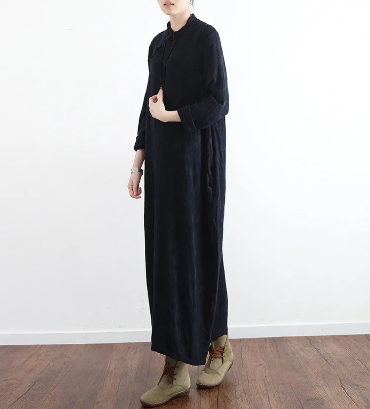 Black Casual Linen Cotton Women Loose Dresses Summer Long Women Dresses With Long Sleeves  AMT96231