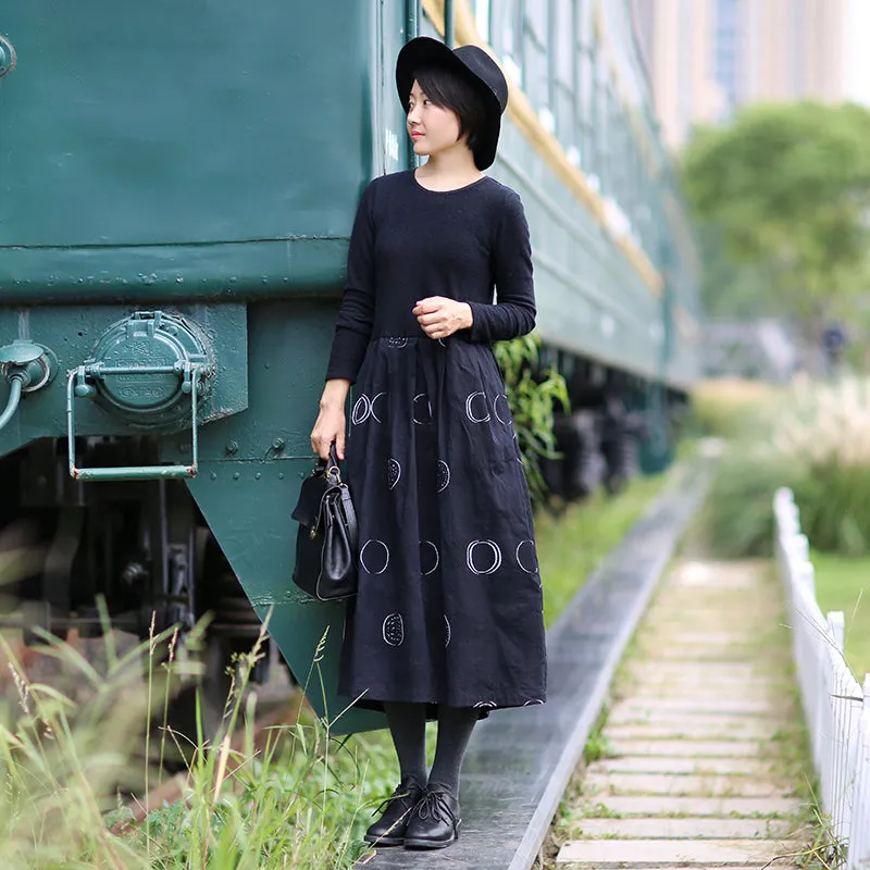 Black Dot Women Dresses Linen Spring Summer Women Dresses With Long Sleeves WC961828