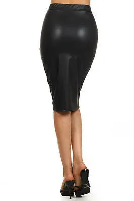 Black Skirt Faux Leather Pencil High Waist Zipper Sexy