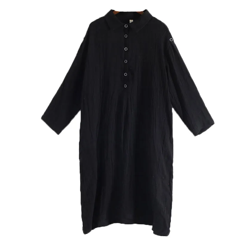 Black Vintage Linen Cotton Women Loose Fitting Short Sleeves Dresses Summer Casual Women Dresses  AMT962216