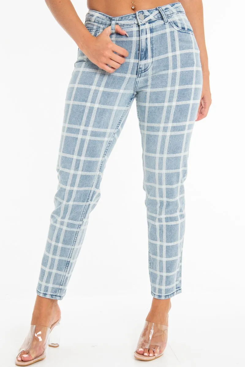 Bleach Wash Denim Check Print Mom Jeans - Jorja