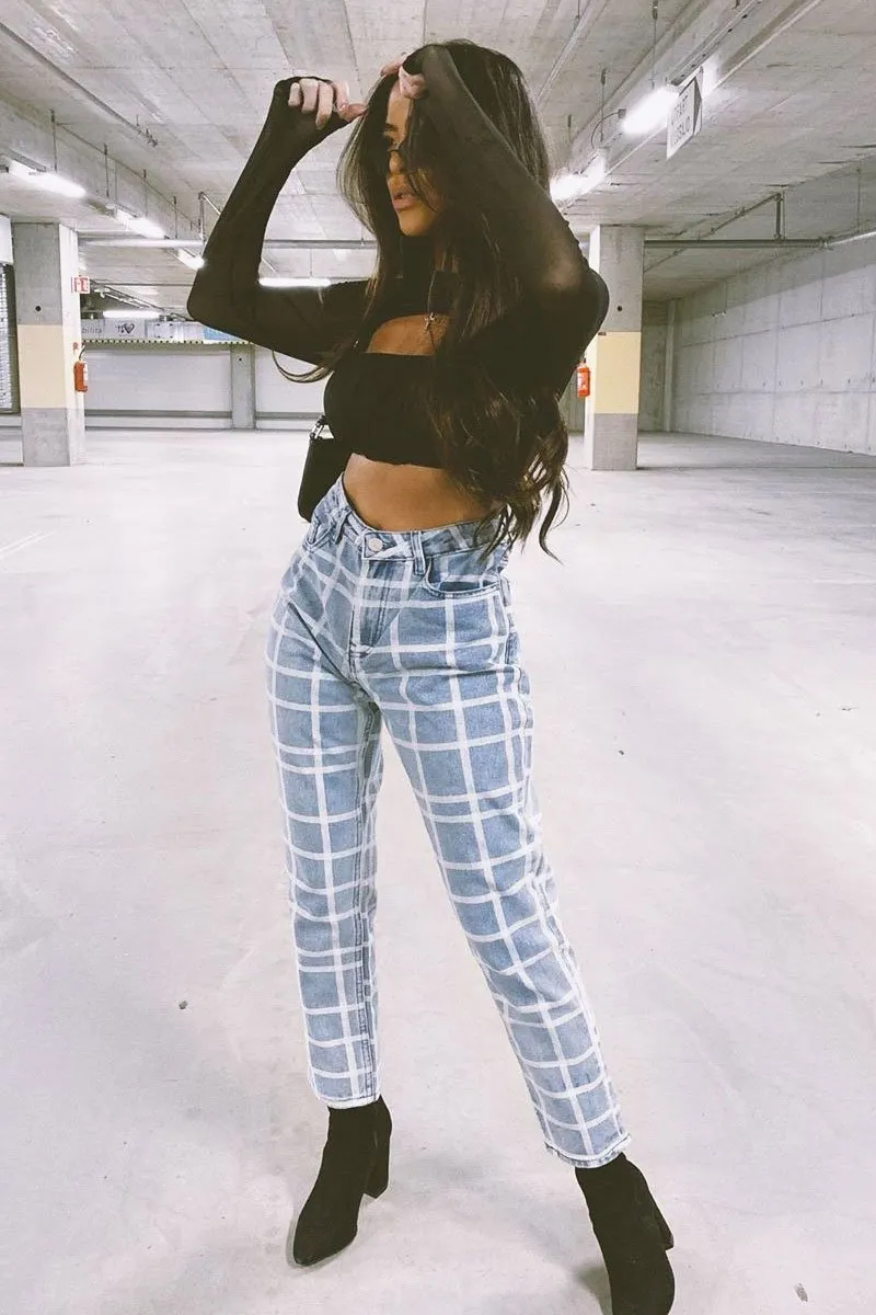 Bleach Wash Denim Check Print Mom Jeans - Jorja