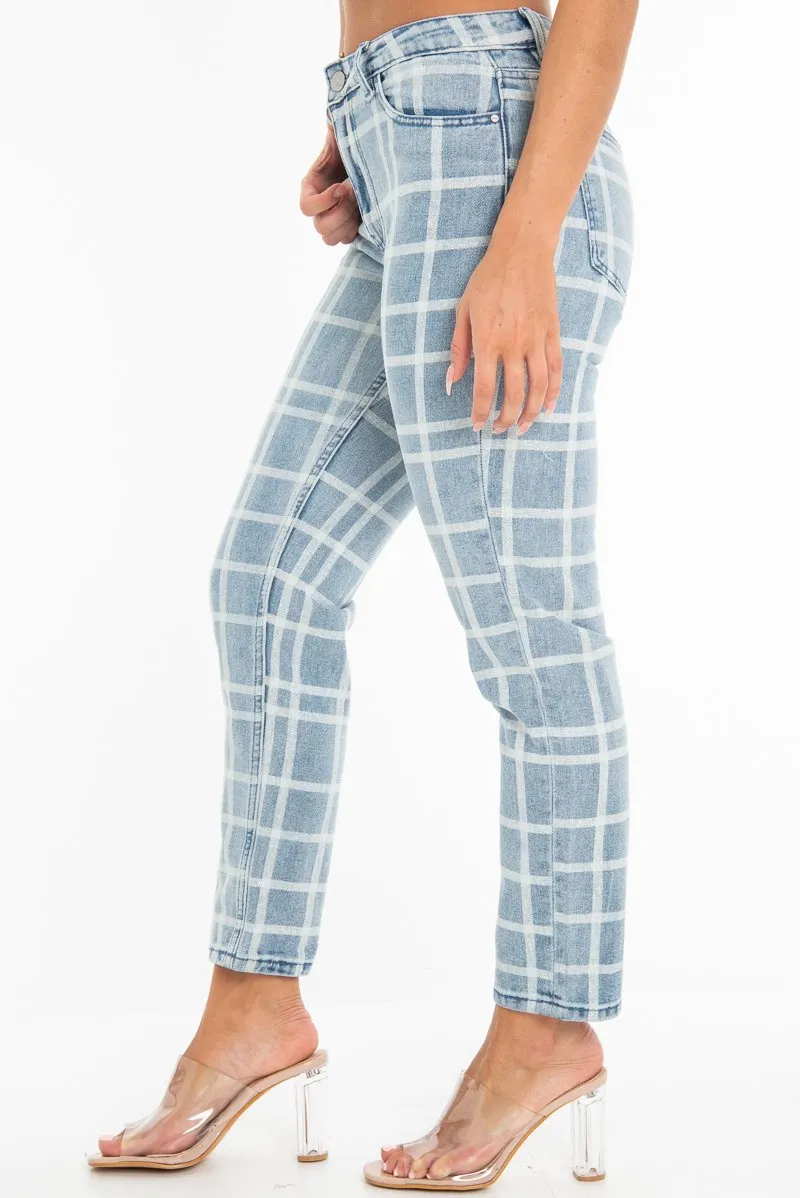 Bleach Wash Denim Check Print Mom Jeans - Jorja