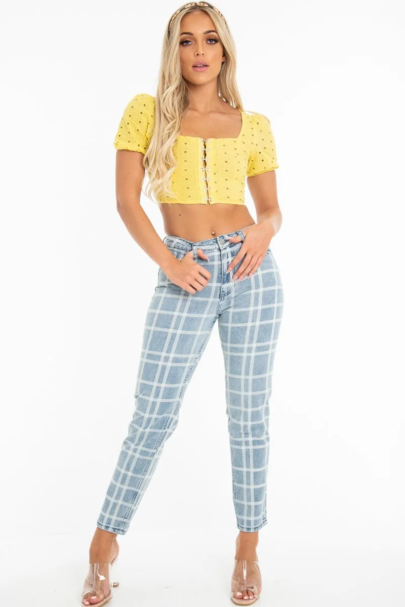 Bleach Wash Denim Check Print Mom Jeans - Jorja