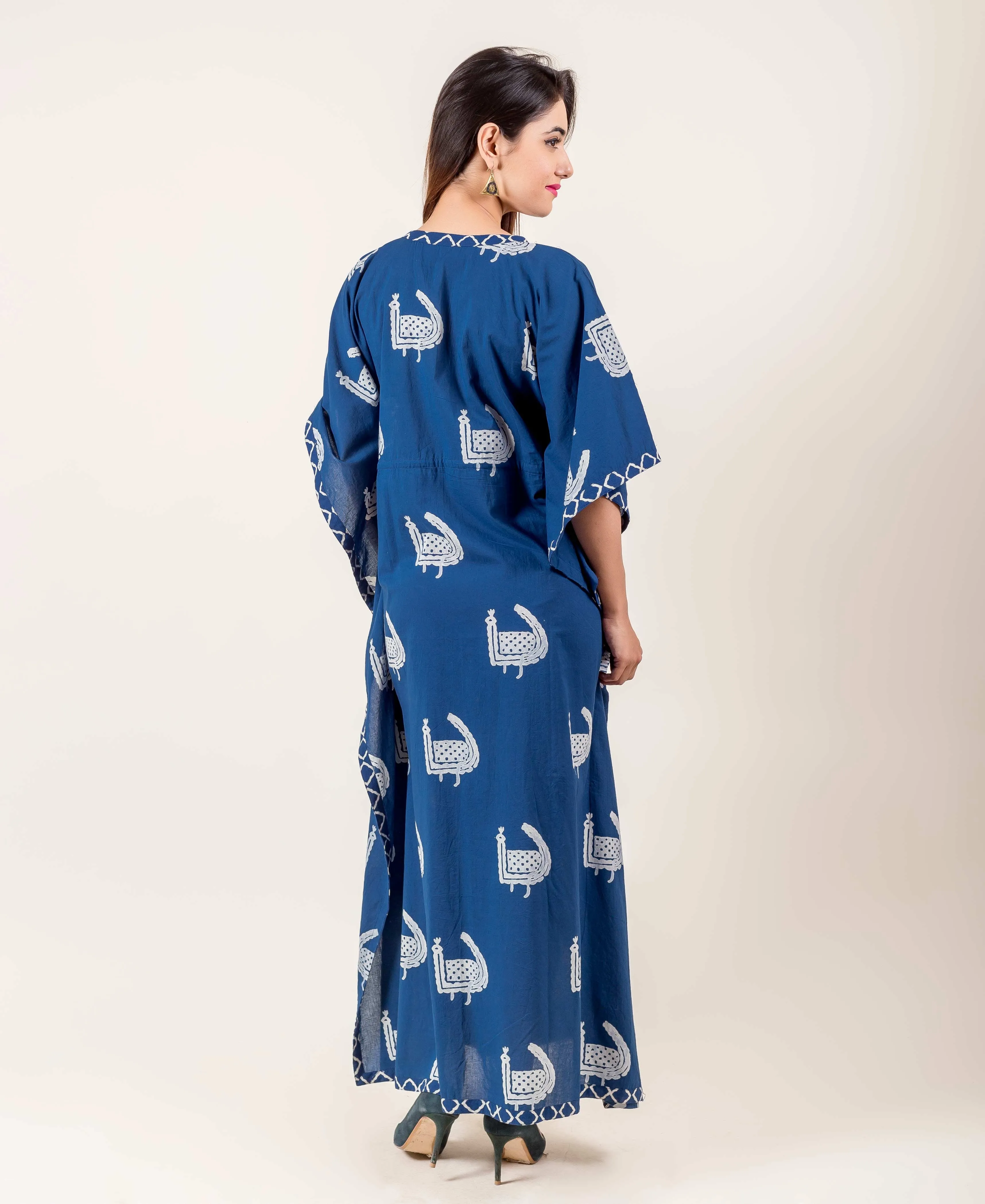 Blue And White Hand Block Printed V-Neck Kaftan