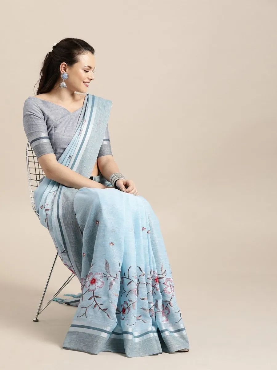 Blue Linen Blend Embroidered Party Wear Traditional Saree