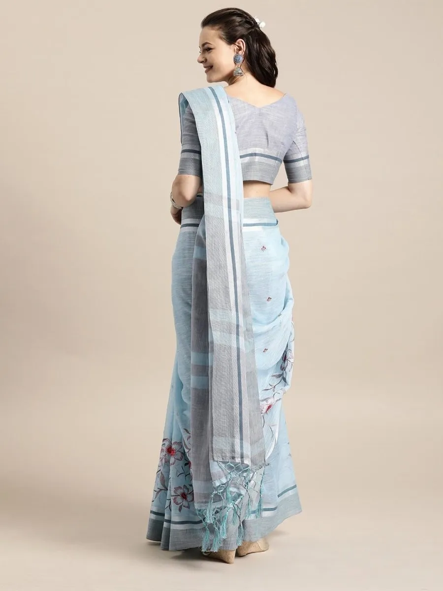 Blue Linen Blend Embroidered Party Wear Traditional Saree