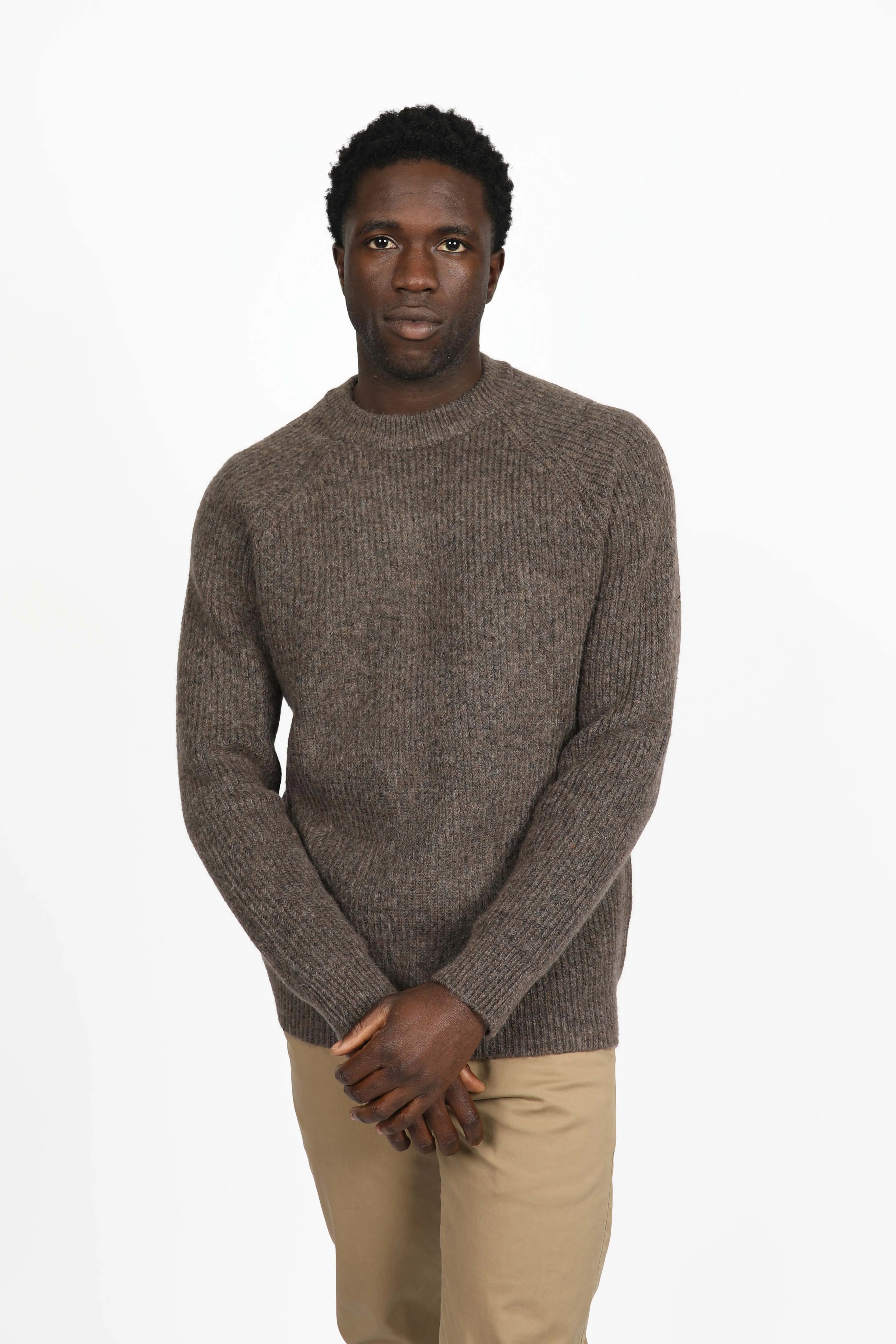 Brown Cotton Nylon Chunky Raglan Crew Neck Jumper