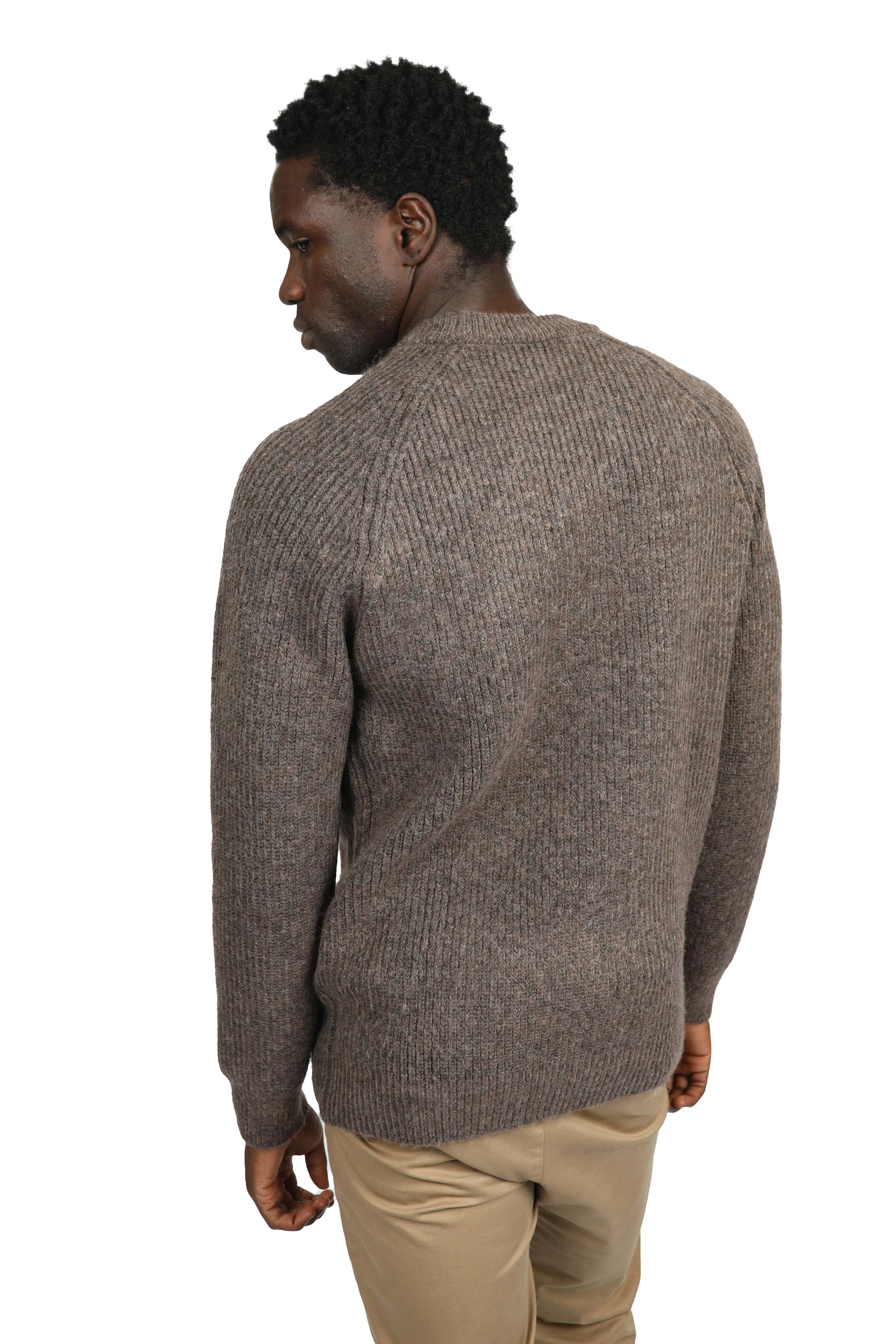 Brown Cotton Nylon Chunky Raglan Crew Neck Jumper