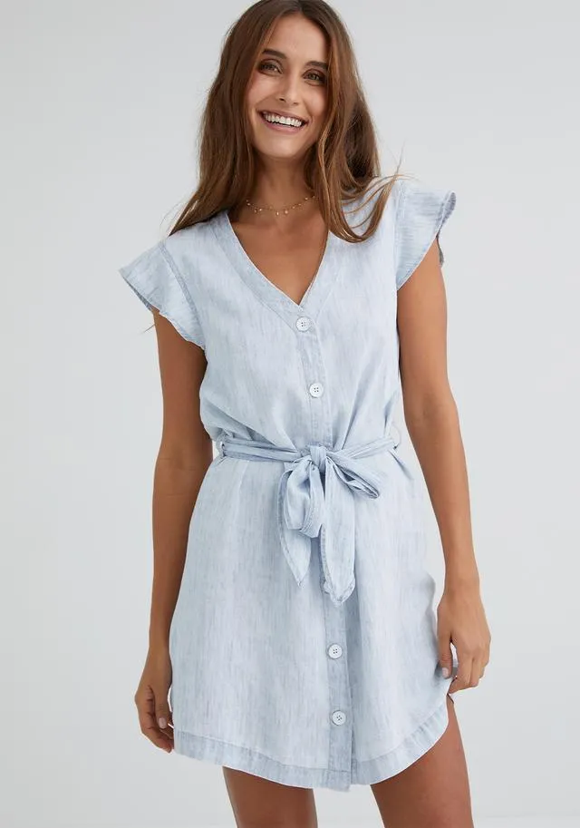 Button Front Ruffle Sleeve Dress