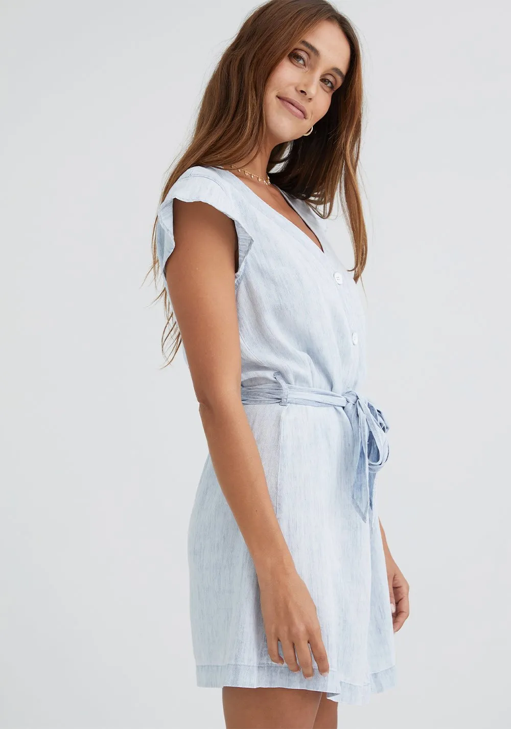 Button Front Ruffle Sleeve Dress