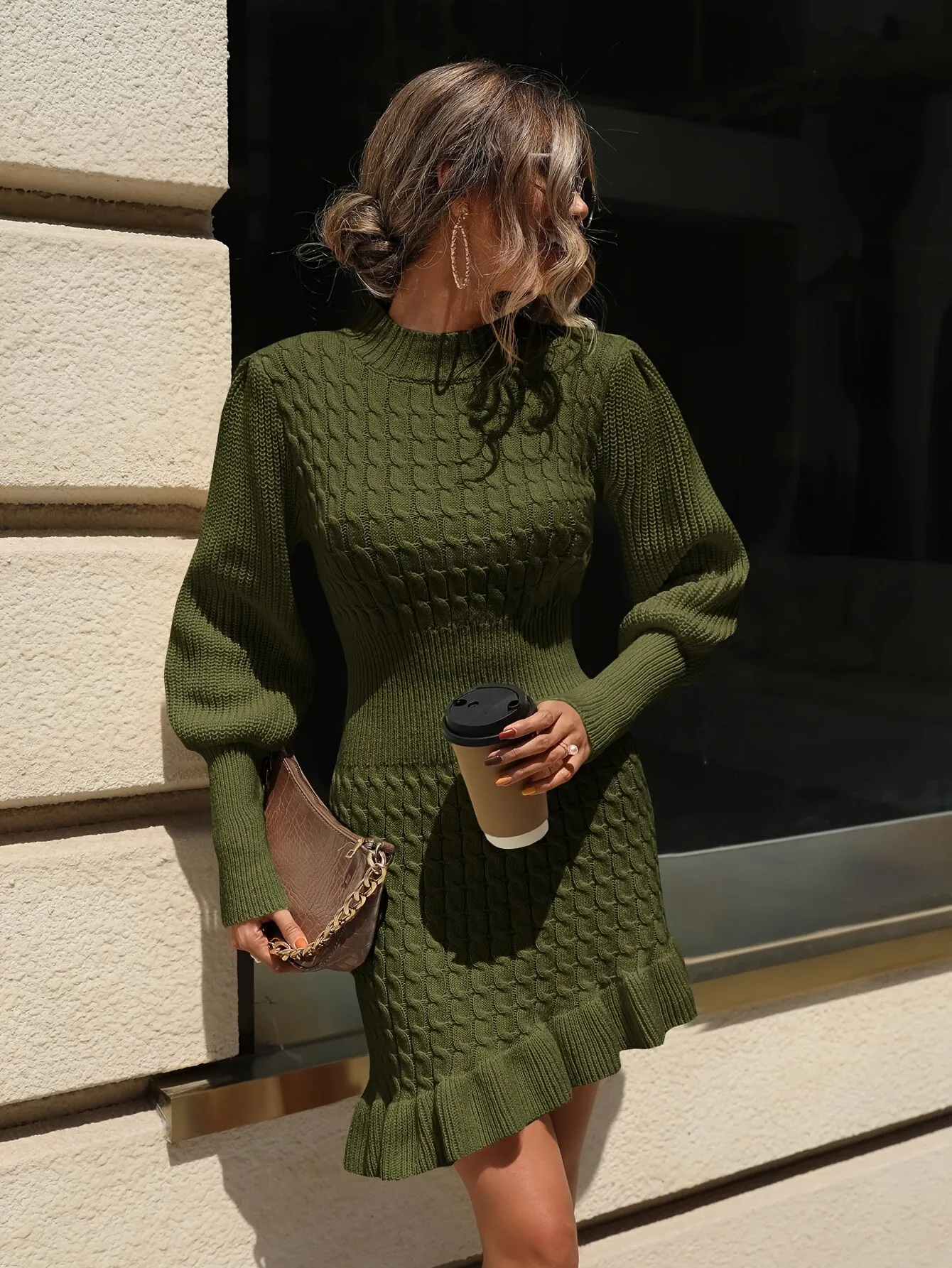 Cable Knit Ruffle Hem Asymmetrical Dress, Elegant Lantern Sleeve Bodycon Dress For Fall & Winter, Women's Clothing