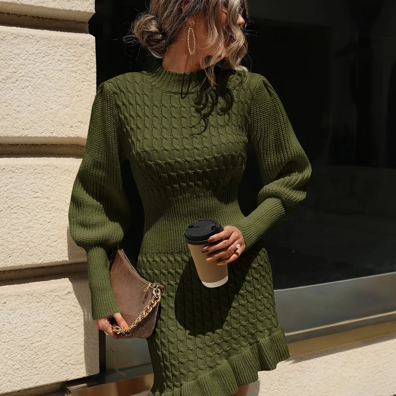 Cable Knit Ruffle Hem Asymmetrical Dress, Elegant Lantern Sleeve Bodycon Dress For Fall & Winter, Women's Clothing