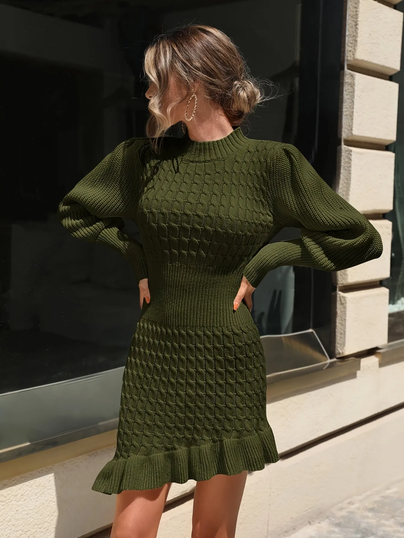 Cable Knit Ruffle Hem Asymmetrical Dress, Elegant Lantern Sleeve Bodycon Dress For Fall & Winter, Women's Clothing