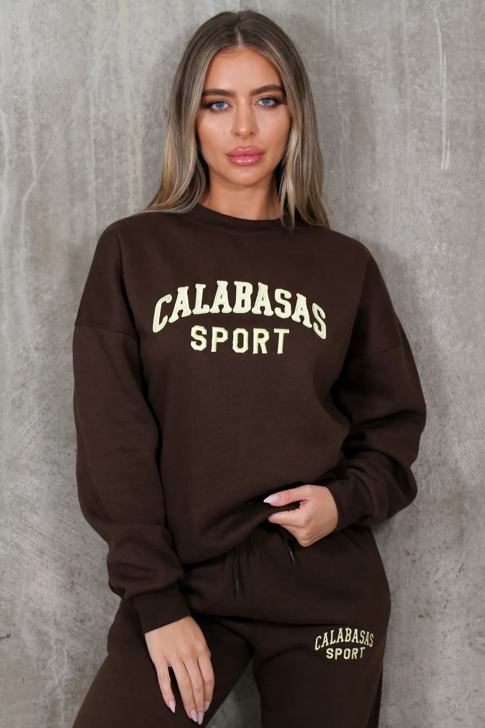 Calabasas sport brown embroidered sweater jogger loungewear set