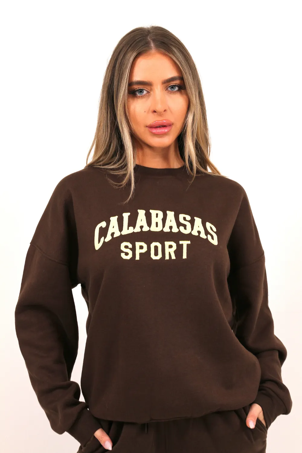 Calabasas sport brown embroidered sweater jogger loungewear set