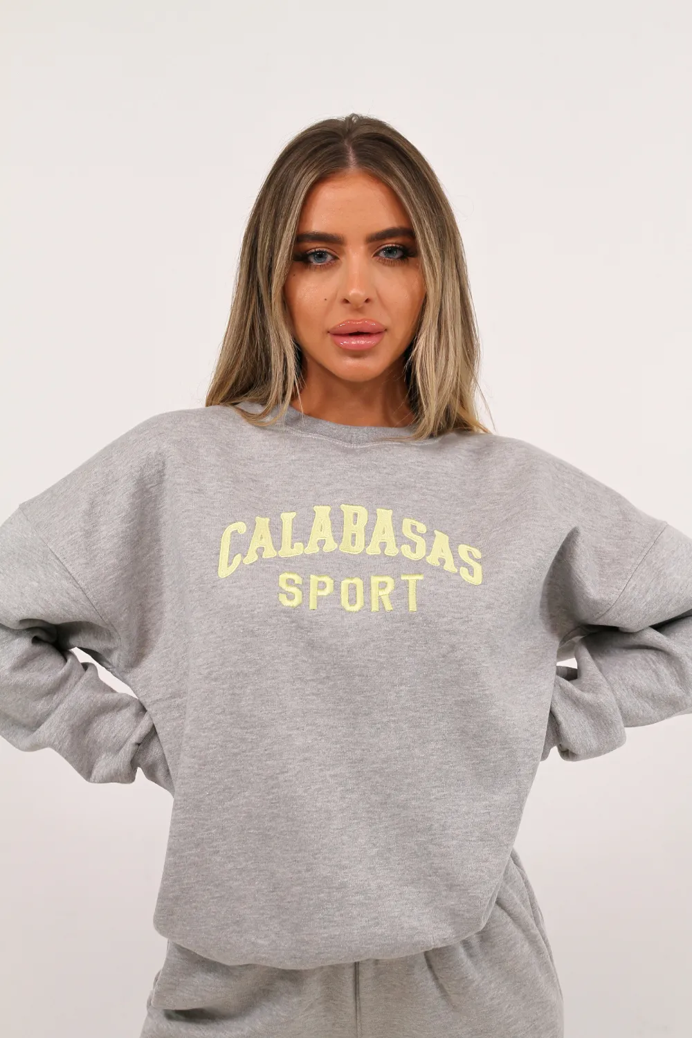 Calabasas sport grey embroidered sweater jogger loungewear set