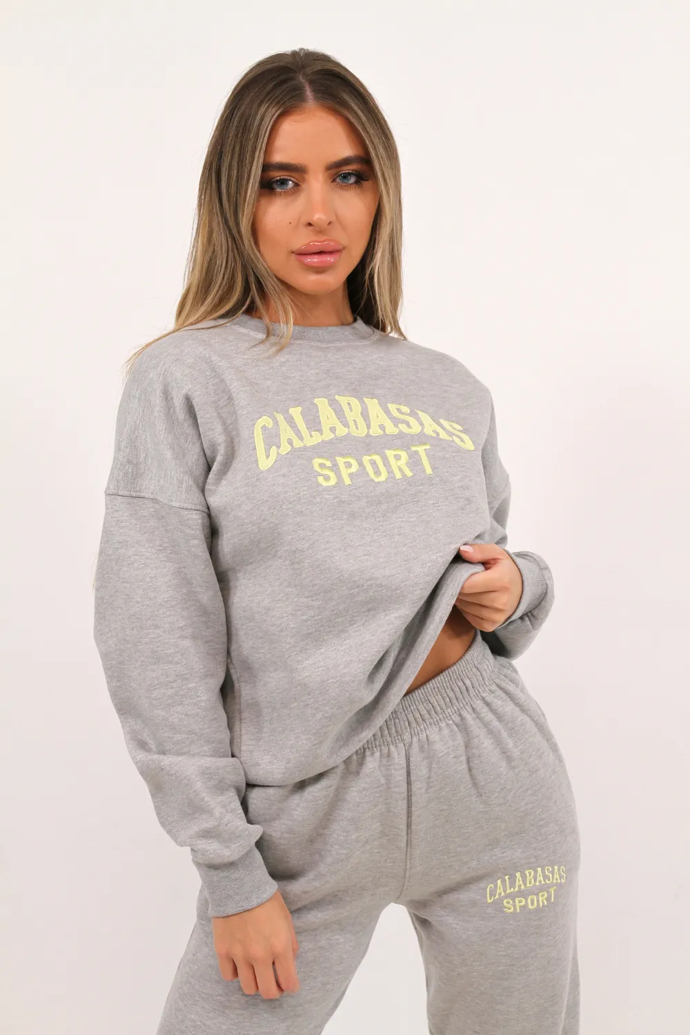 Calabasas sport grey embroidered sweater jogger loungewear set