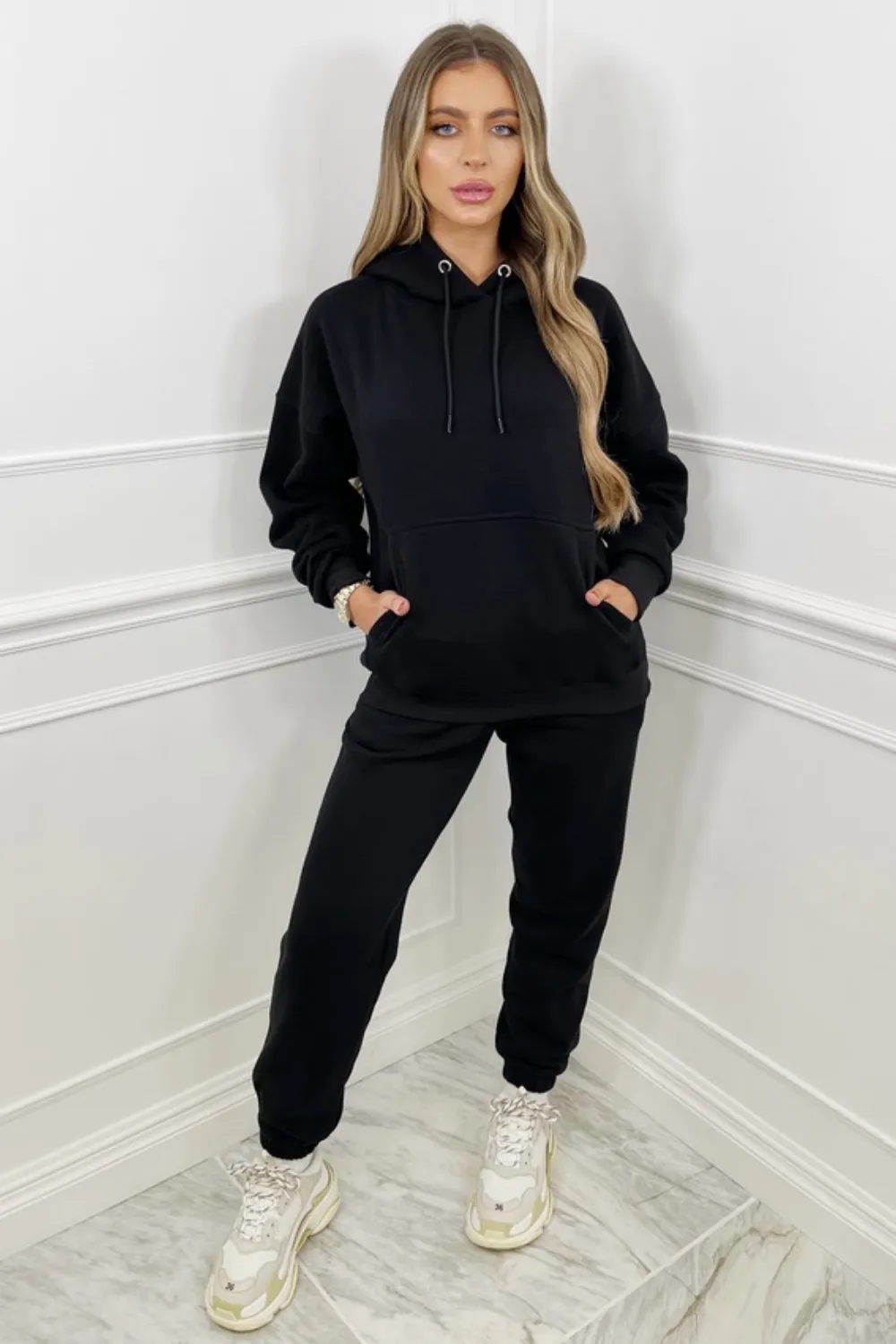 Call Me embroidered black hooded loungewear set