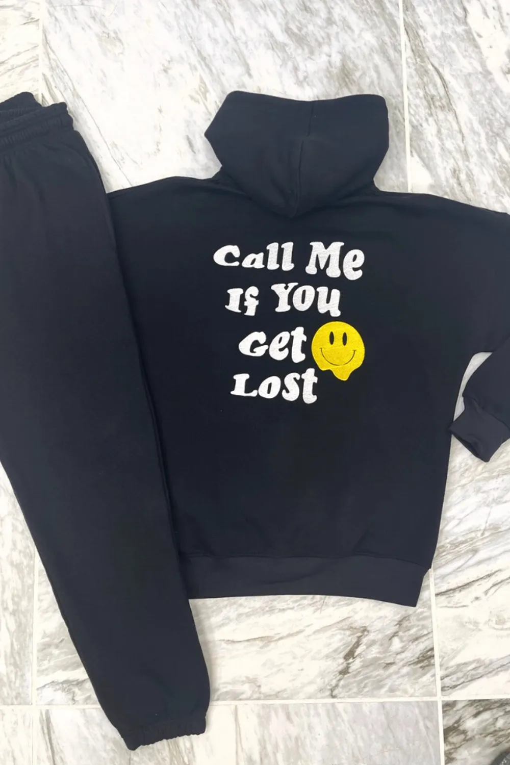 Call Me embroidered black hooded loungewear set