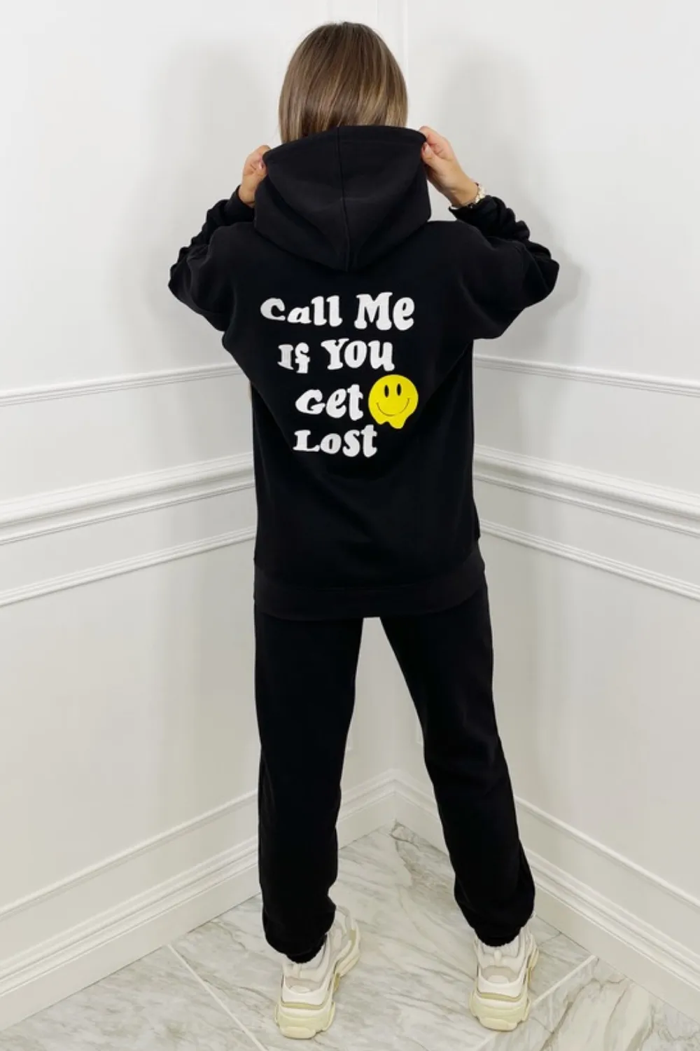 Call Me embroidered black hooded loungewear set