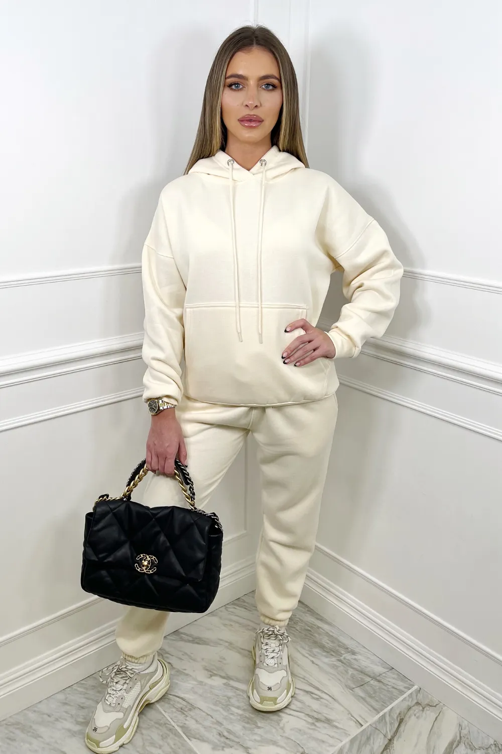 Call Me embroidered ecru hooded loungewear set