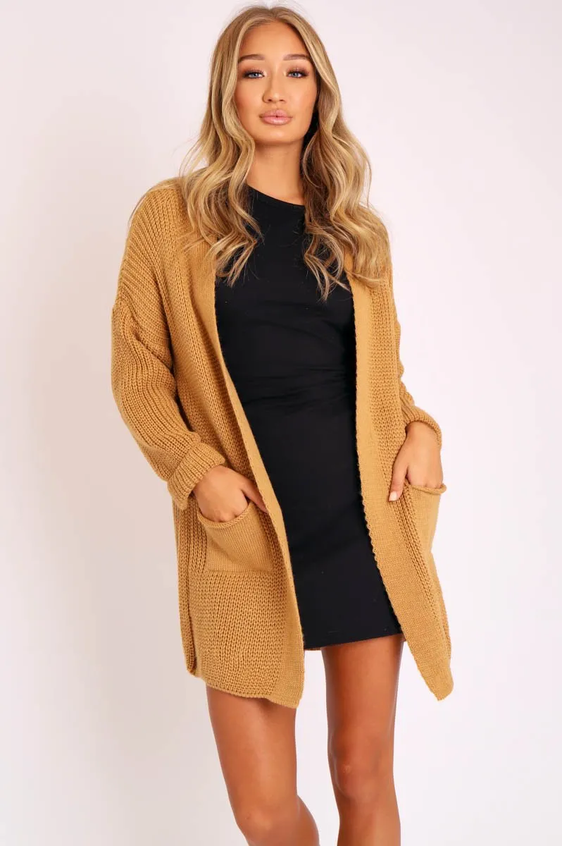 Camel Knitted Oversized Pocket Detail Cardigan - Anna