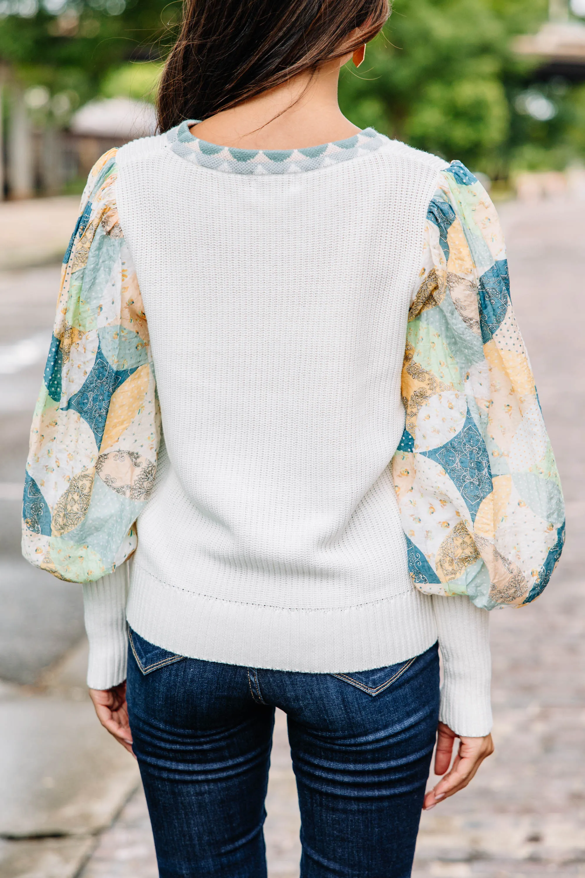 Can't Let You Go White Abstract Sleeve Sweater