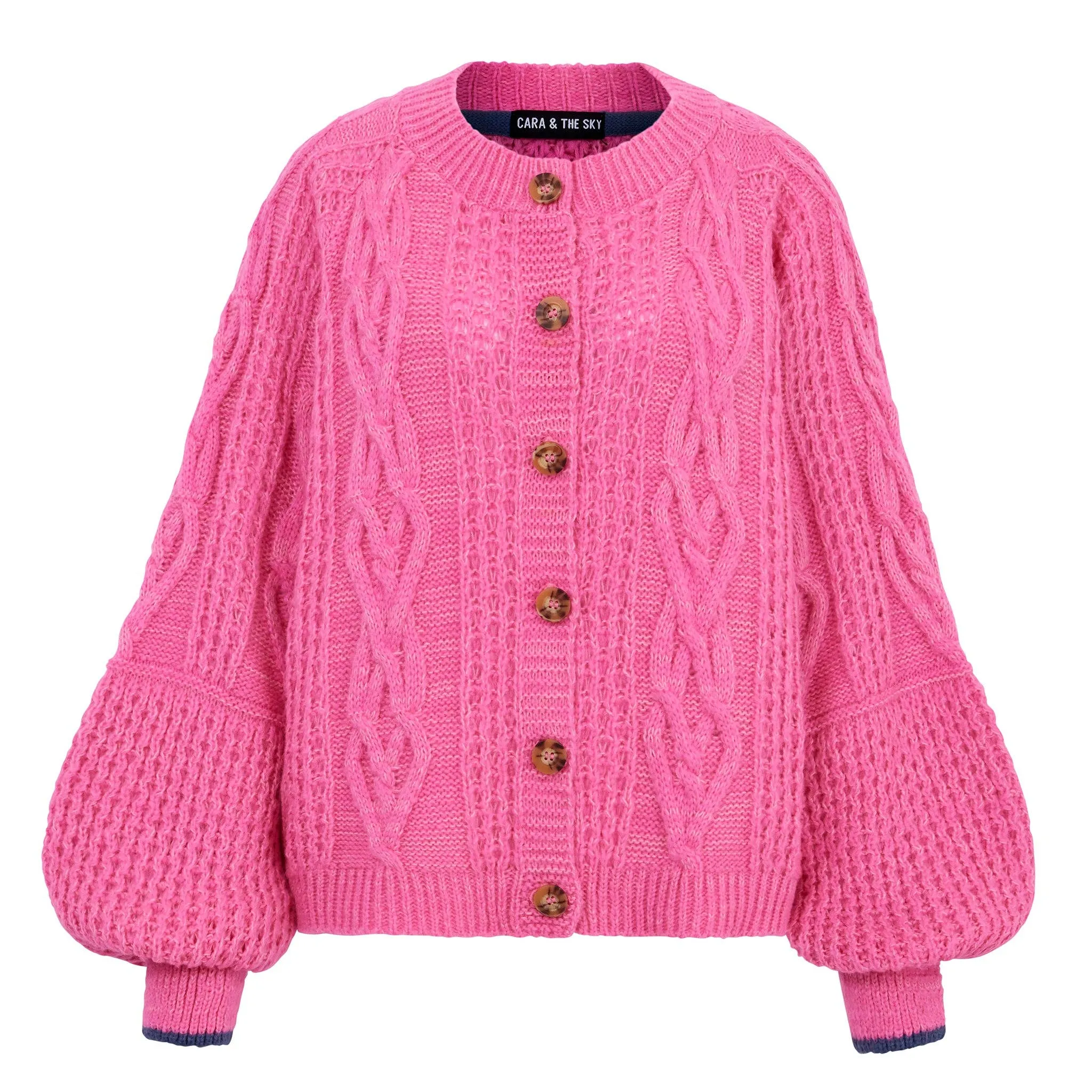 Cara & The Sky - Brigit Heart Stitch Oversized Balloon Sleeve Cardigan - Pink