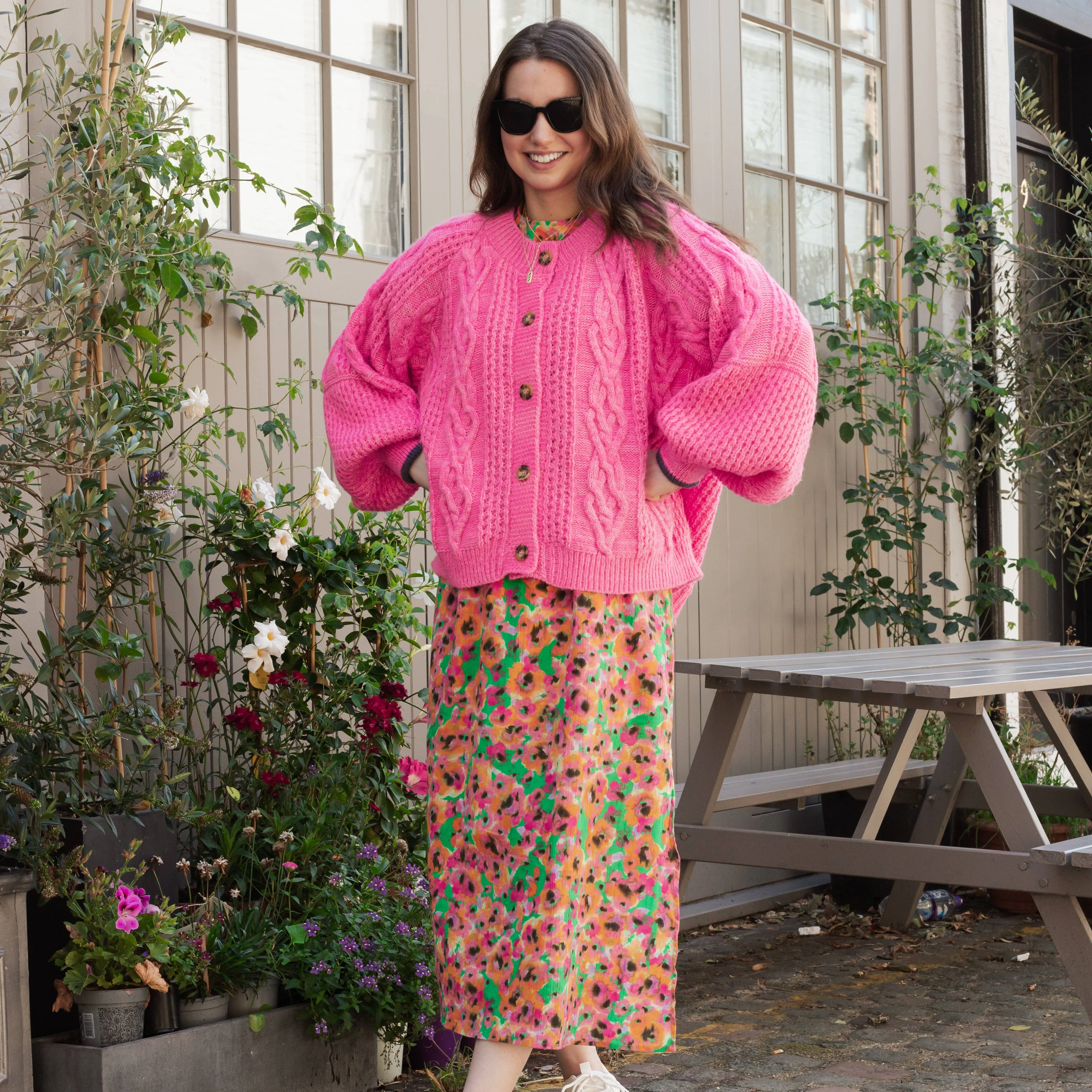 Cara & The Sky - Brigit Heart Stitch Oversized Balloon Sleeve Cardigan - Pink