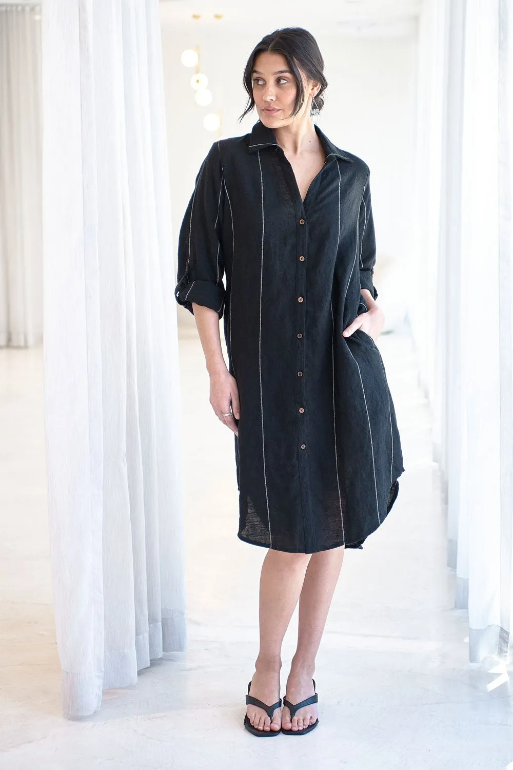 Carter Fundamental Linen Shirt Dress - Black w' White Fine Stripe