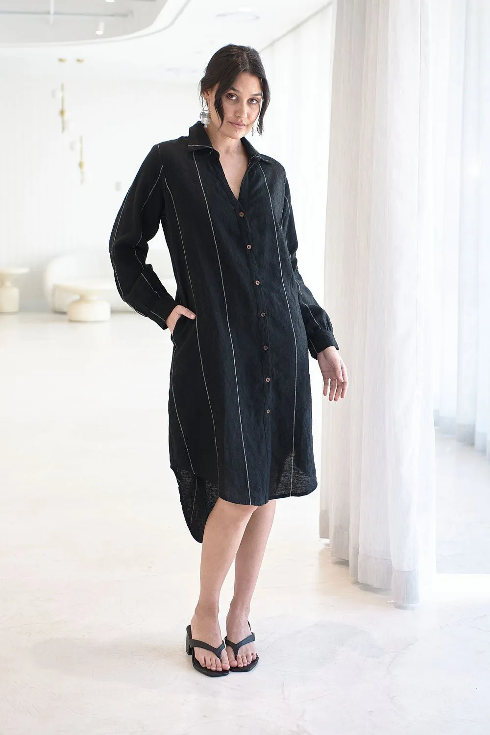 Carter Fundamental Linen Shirt Dress - Black w' White Fine Stripe