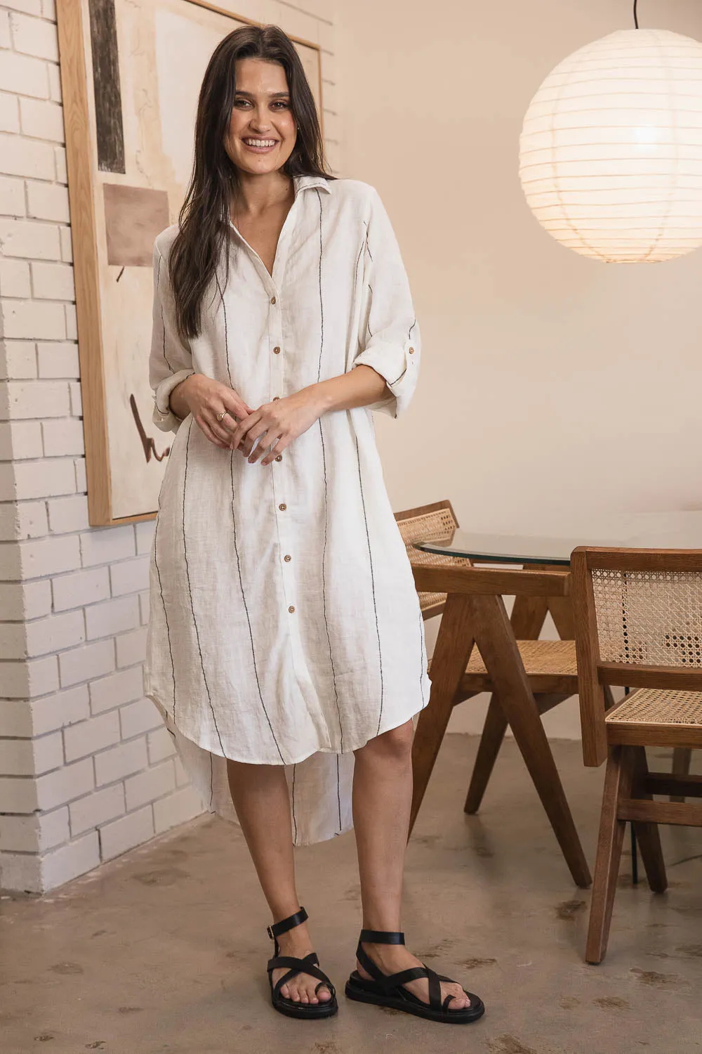 Carter Fundamental Linen Shirt Dress - Off White w' Charcoal Stripe