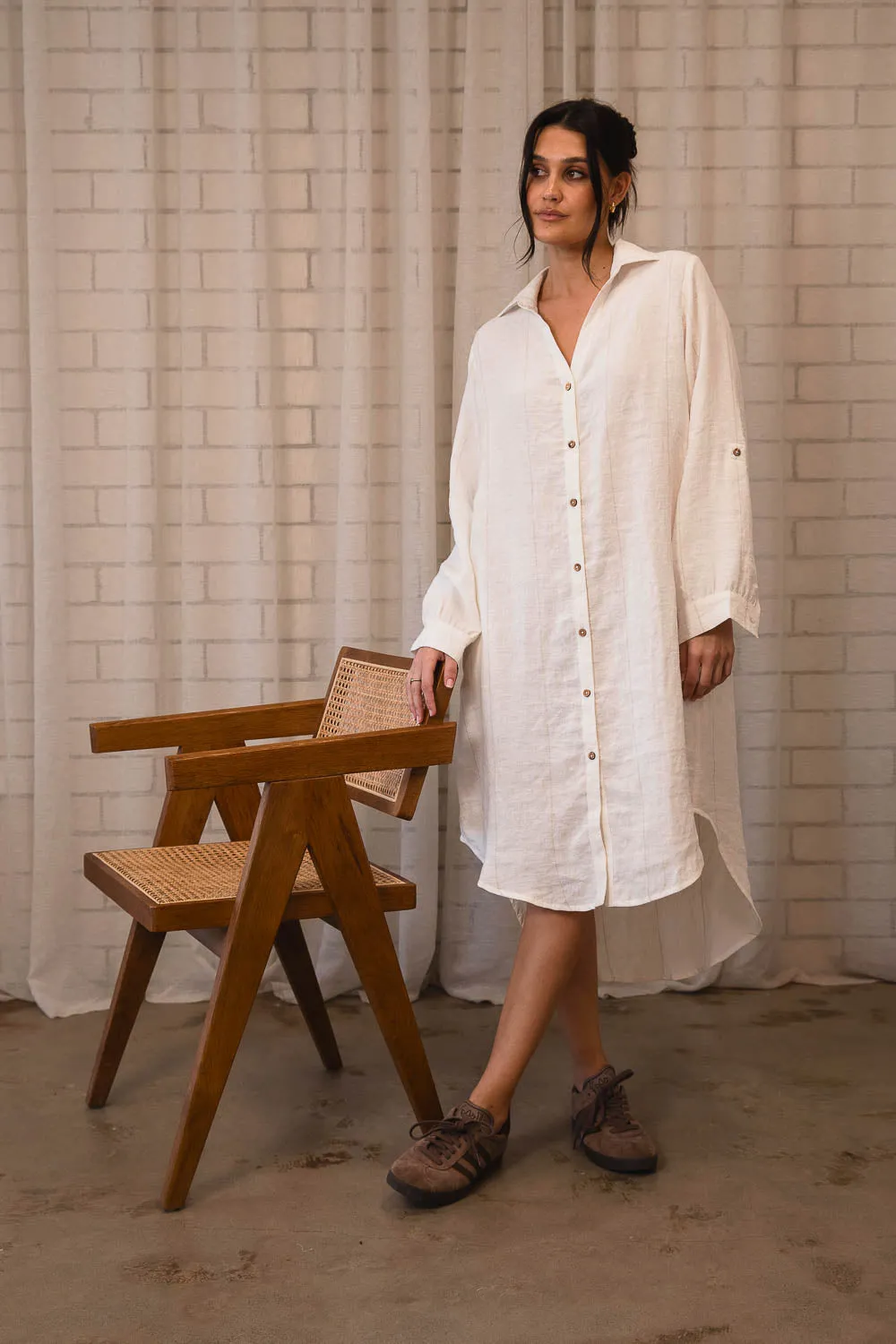 Carter Fundamental Linen Shirt Dress - Off White w' Natural Fine Stripe