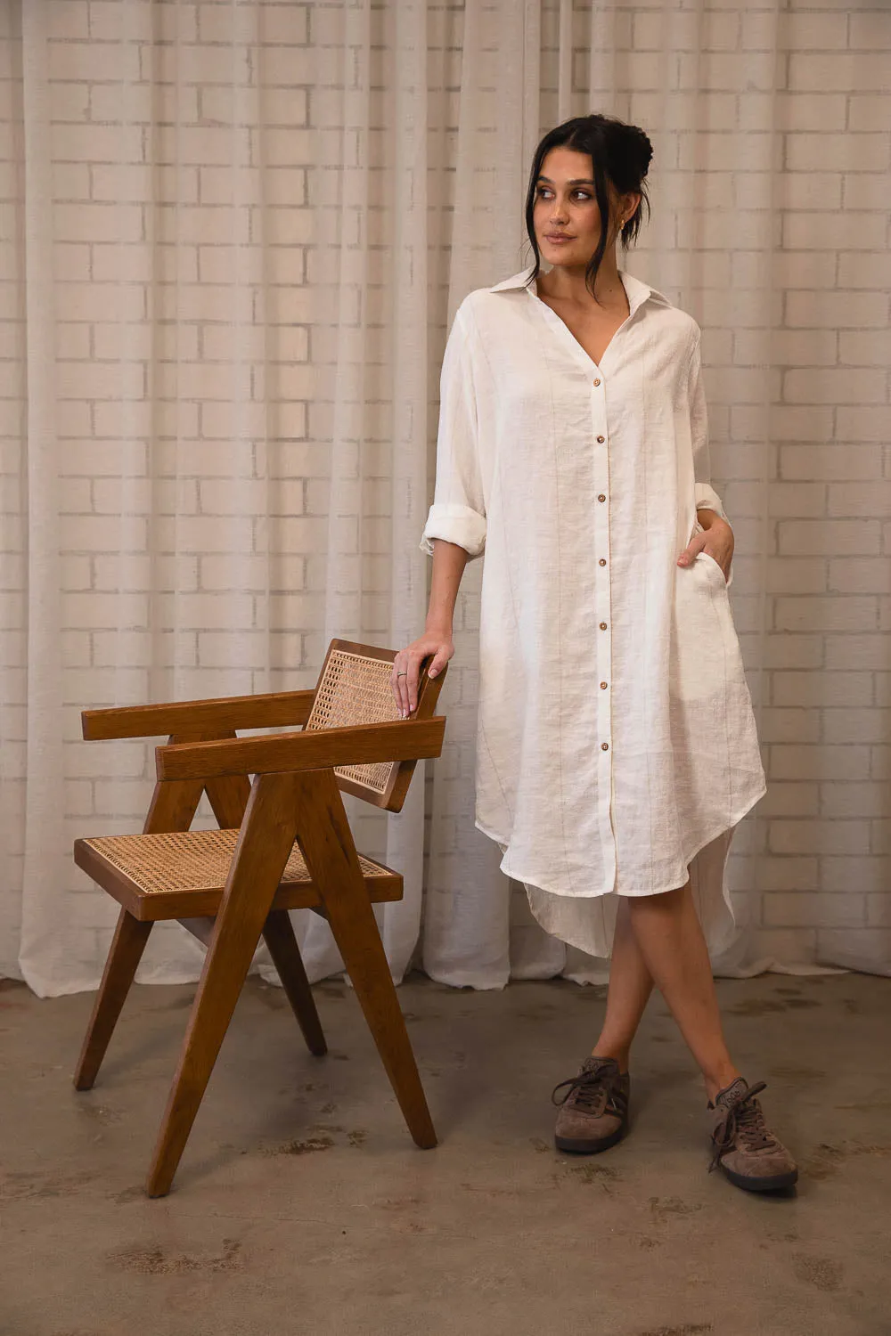 Carter Fundamental Linen Shirt Dress - Off White w' Natural Fine Stripe