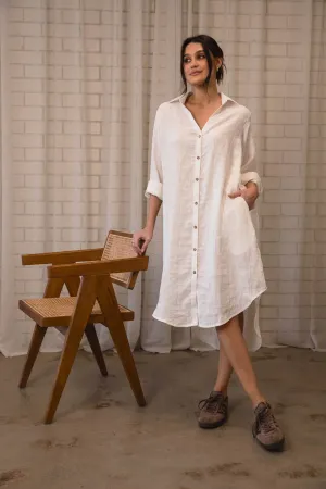 Carter Fundamental Linen Shirt Dress - Off White w' Natural Fine Stripe