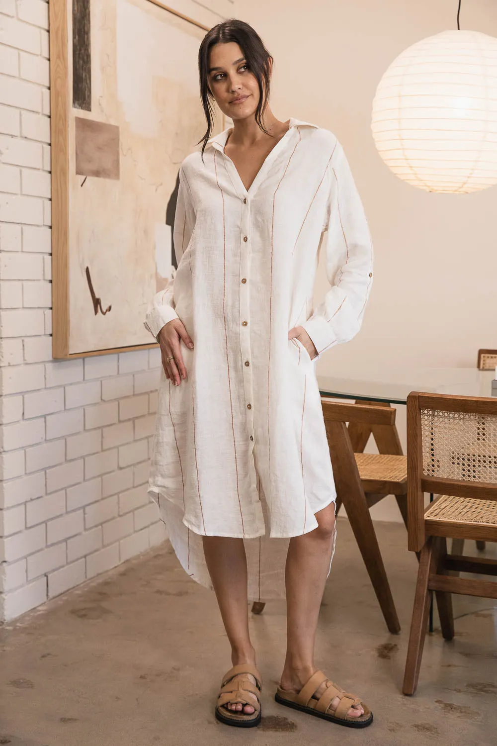 Carter Fundamental Linen Shirt Dress - Off White w' Nutmeg Fine Stripe