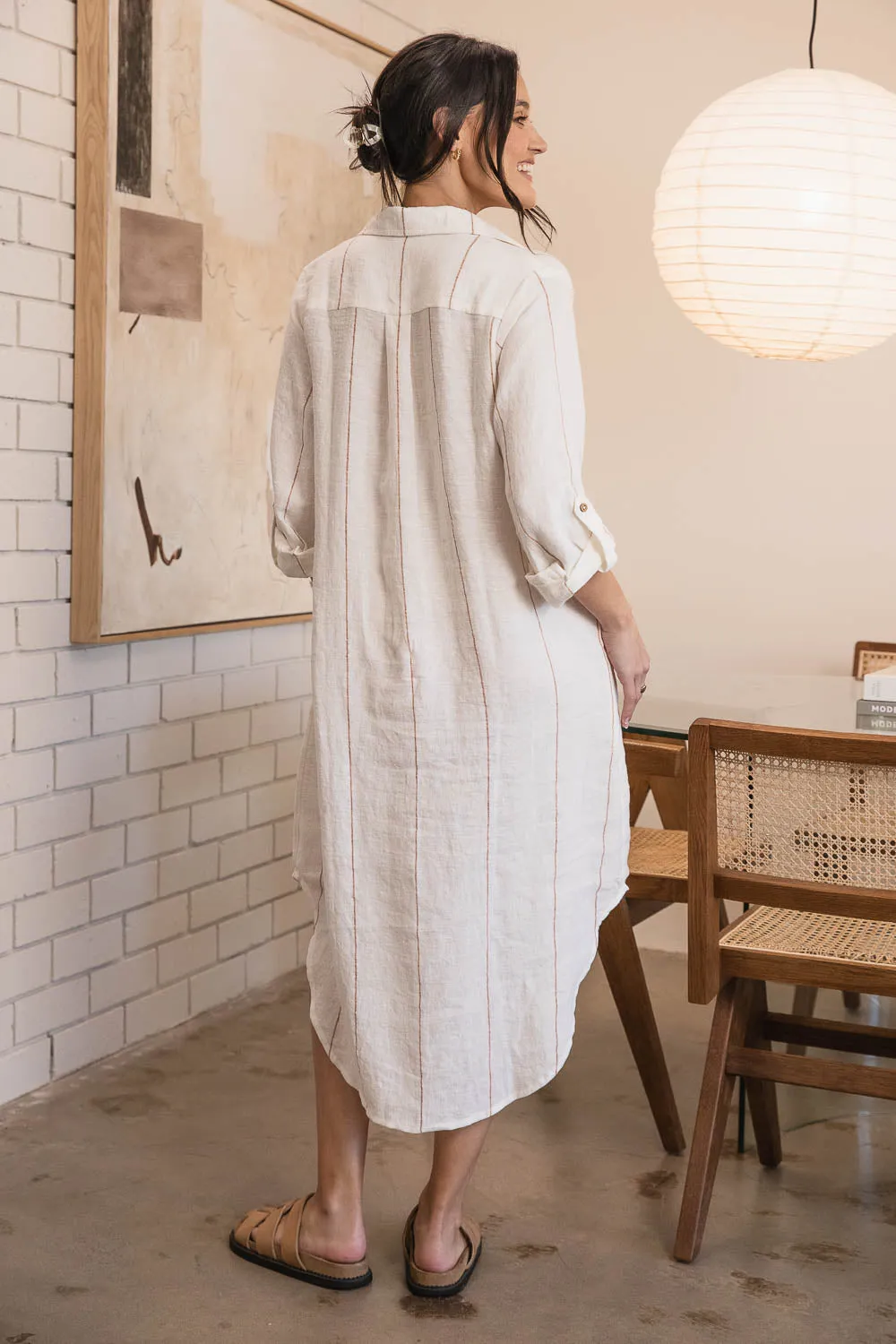 Carter Fundamental Linen Shirt Dress - Off White w' Nutmeg Fine Stripe