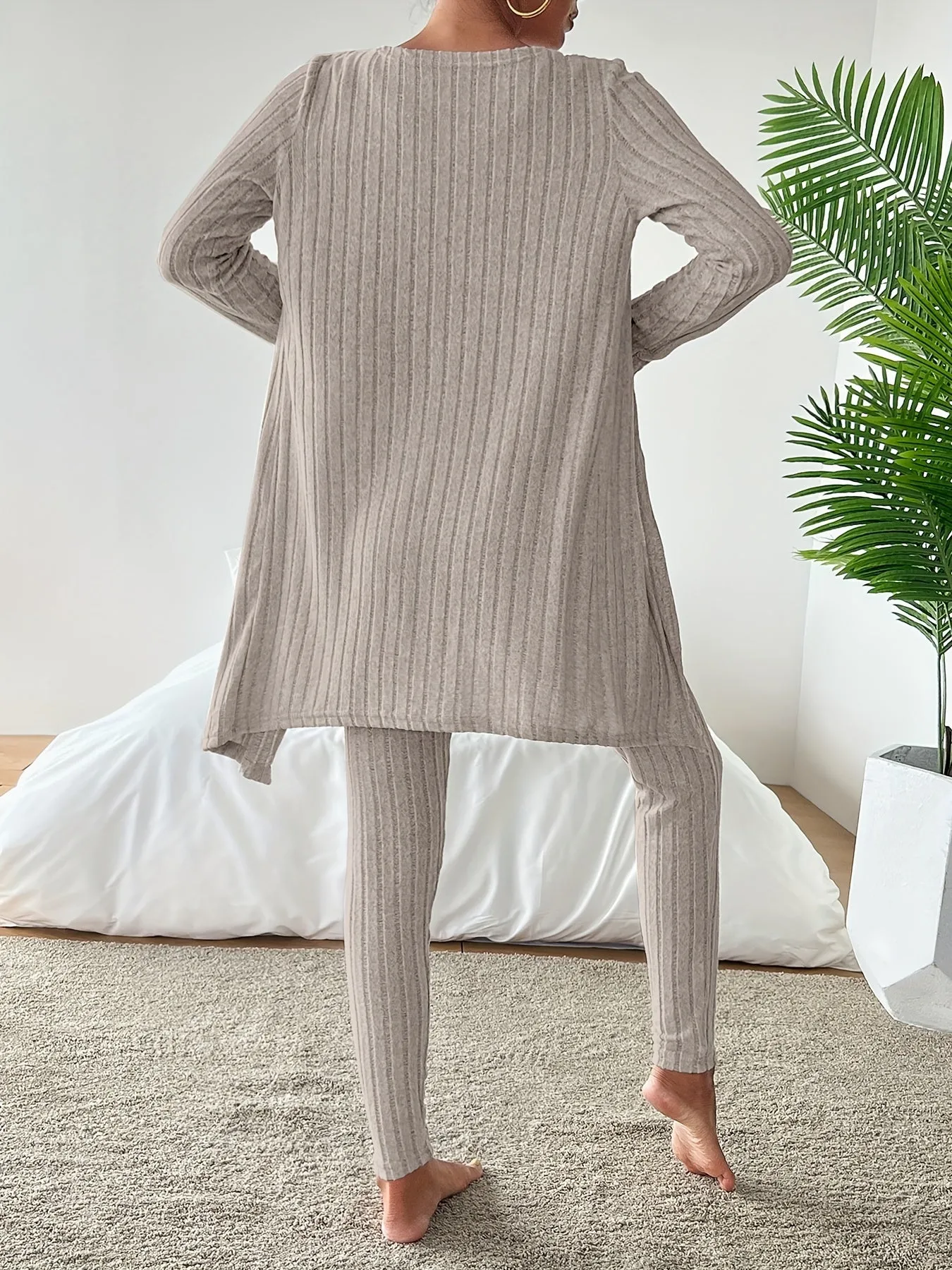 Casual Solid Color Ribbed Knit Pants Set, Open Front Long Sleeve Cardigan & Sleeveless Crop Tank Top & Drawstring Waist Slim Pants Outfits, Women's Clothing