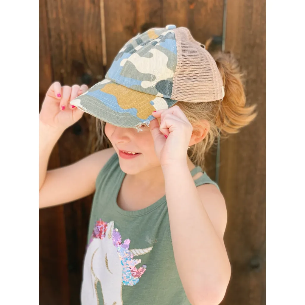 CC Beanie | Kids Distressed Criss-Cross High Ponytail ~ Camouflage