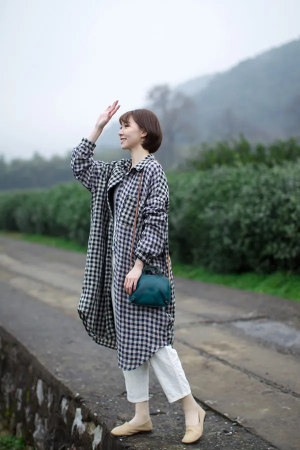 Checked 100% Soft Linen Spring Women Dresses Shirts CH90413