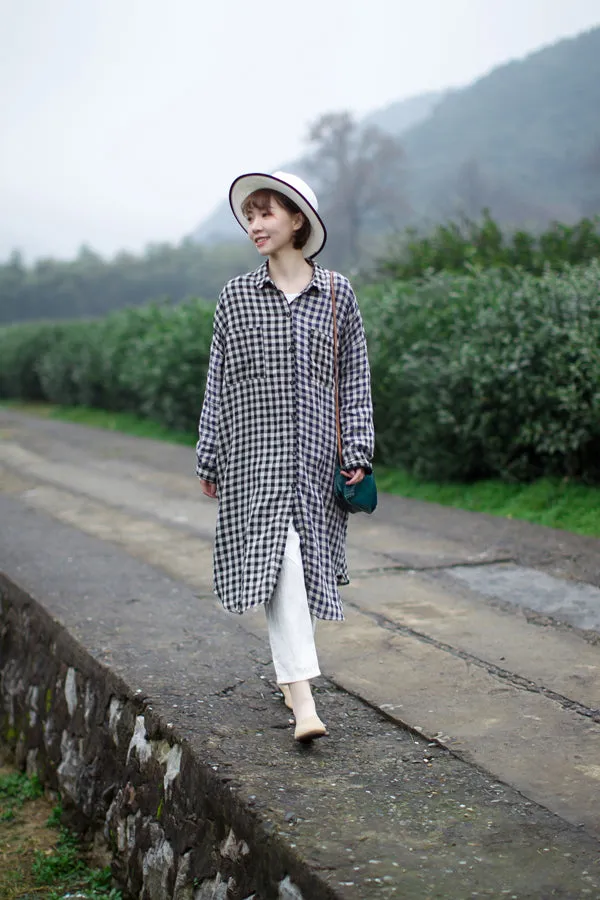 Checked 100% Soft Linen Spring Women Dresses Shirts CH90413