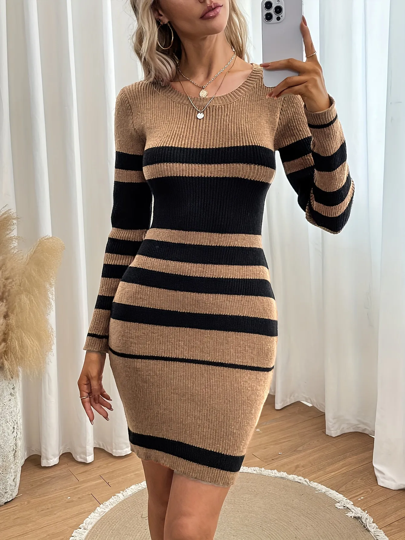 Chic Striped Slim Fit Sweater Dress - Long Sleeve Crew Neck Mini - Soft Knit, Figure-Flattering - Perfect for Autumn/Winter Wardrobe