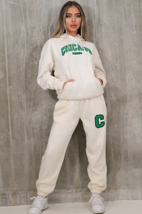 chicago ecru & green embroidered hoodie jogger loungewear set