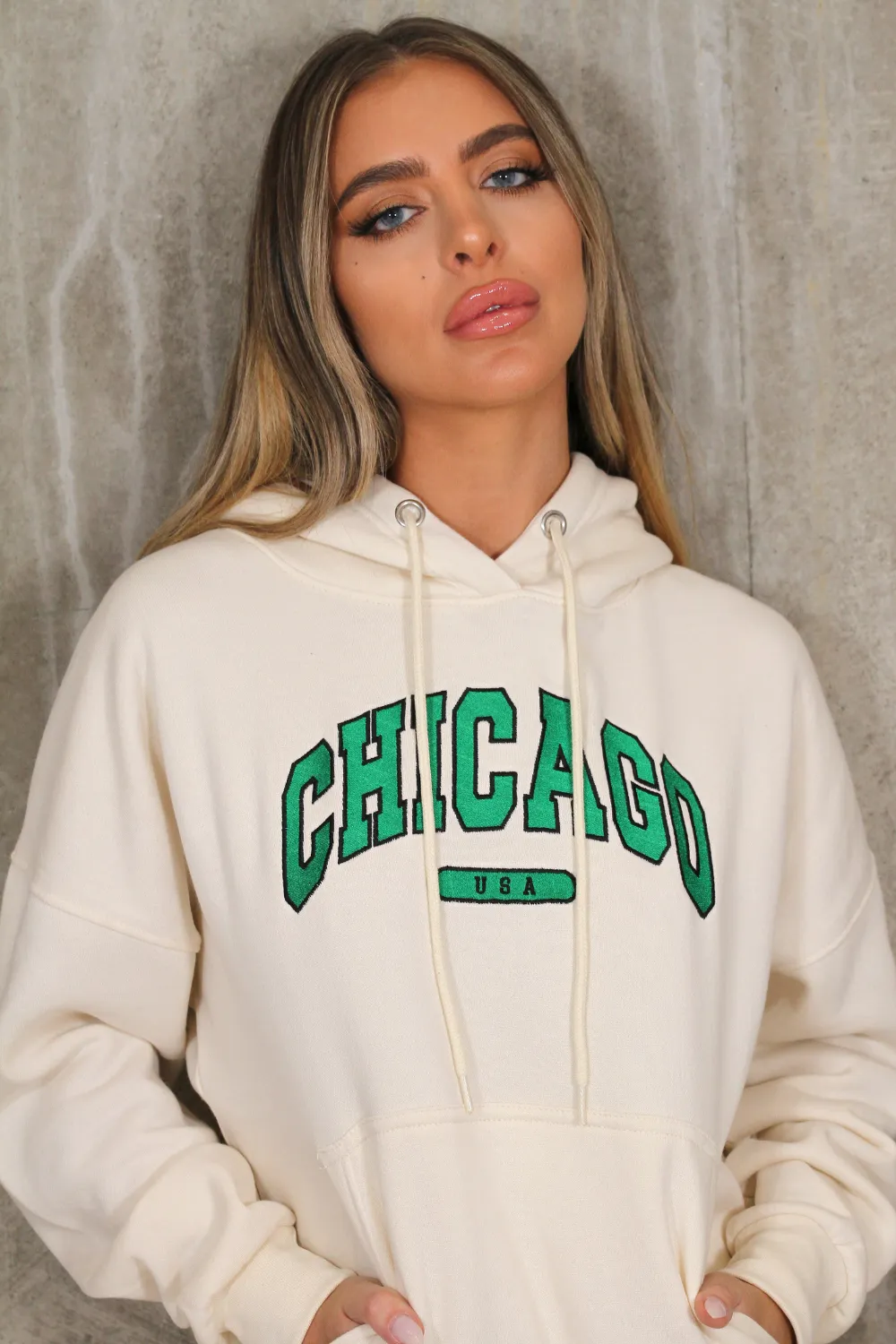 chicago ecru & green embroidered hoodie jogger loungewear set