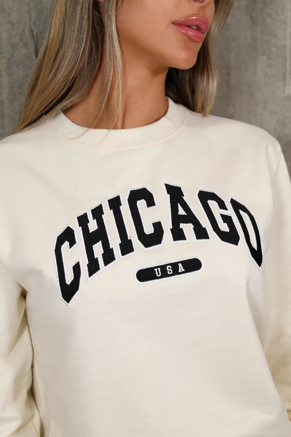 chicago ecru embroidered sweater jogger loungewear set