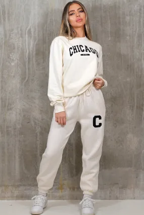 chicago ecru embroidered sweater jogger loungewear set