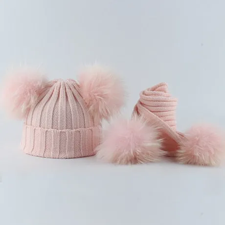 Children Real Natural Fur Pompom Hat Baby Kids Winter Knitted Hat And Scarf Set Boys Girls 4 pieces Pom Pom Beanie Cap